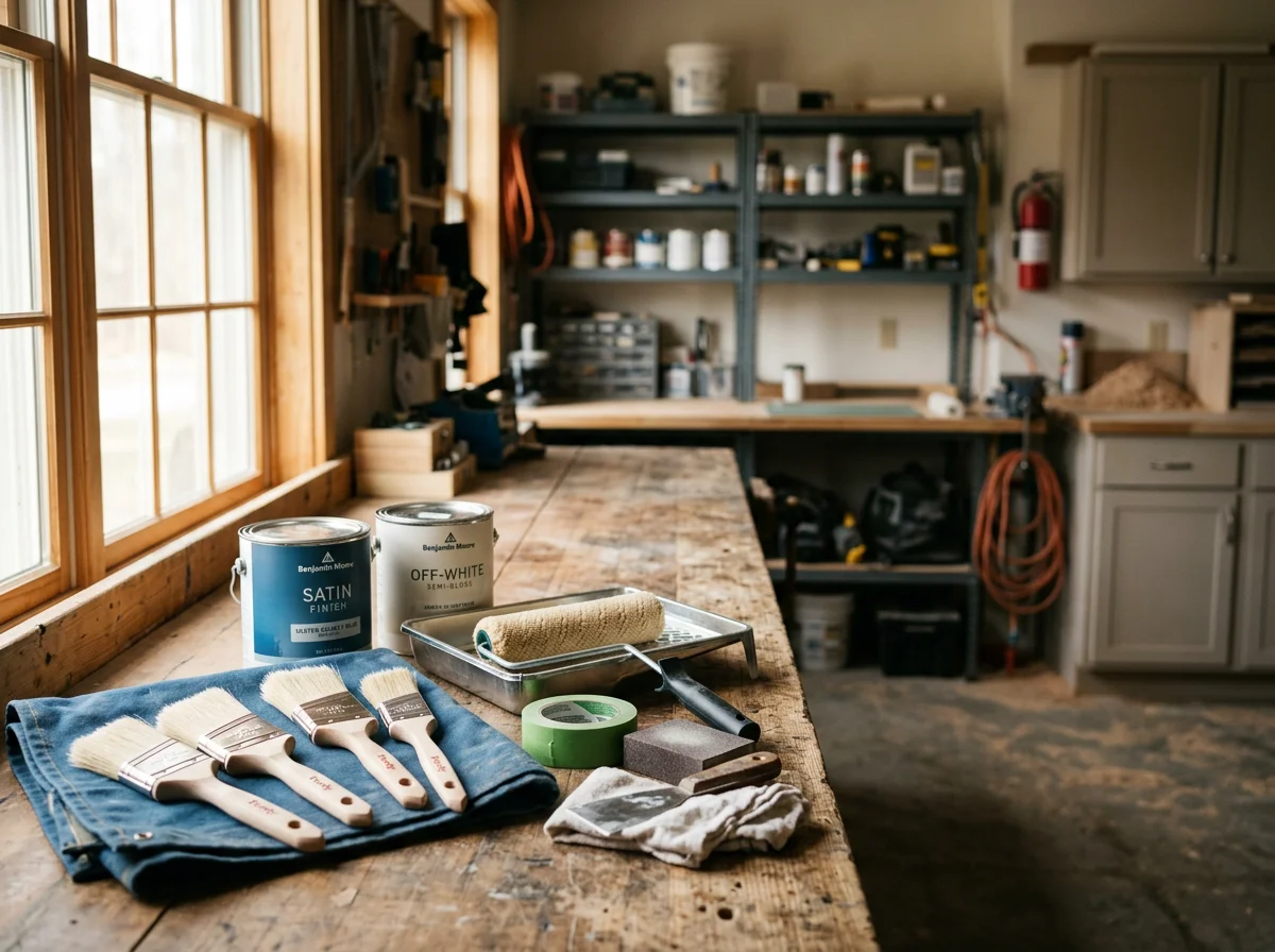 Professional painting tools and materials arranged on a clean work surface, showcasing quality equipment and supplies.