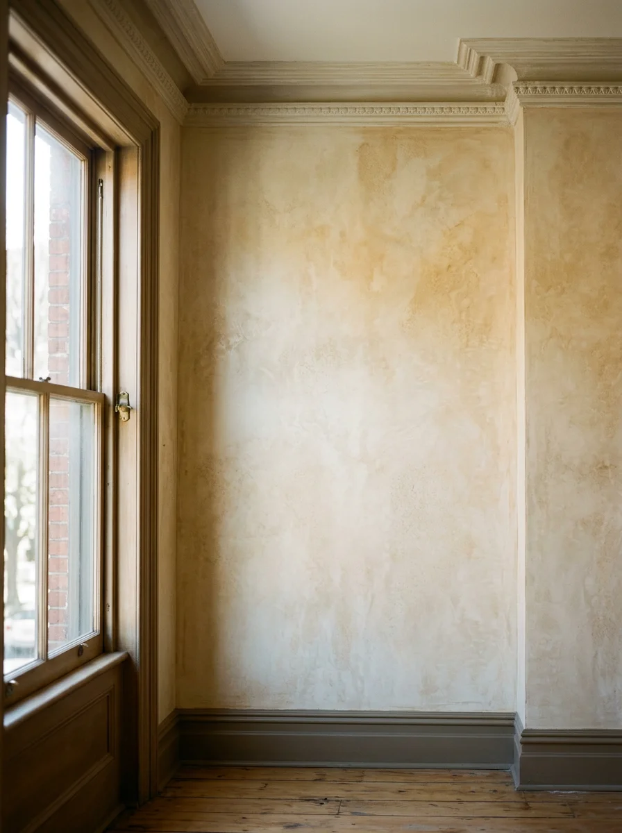 Venetian plaster finish on the interior wall of a renovated Hudson rowhouse, showing warm layered texture in a high-ceiling room with original crown molding.