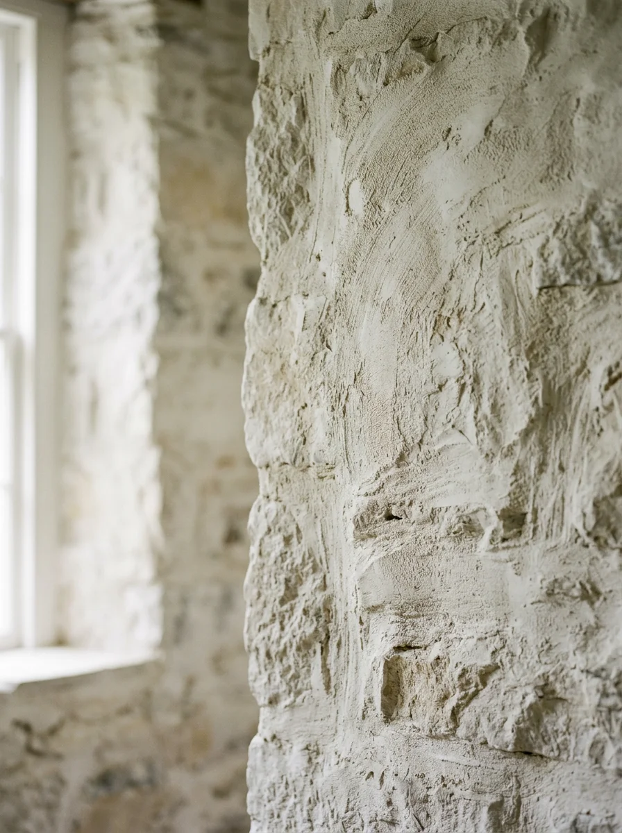 Close-up of lime wash finish applied to a historic stone wall interior in an Ulster County home near Kerhonkson.