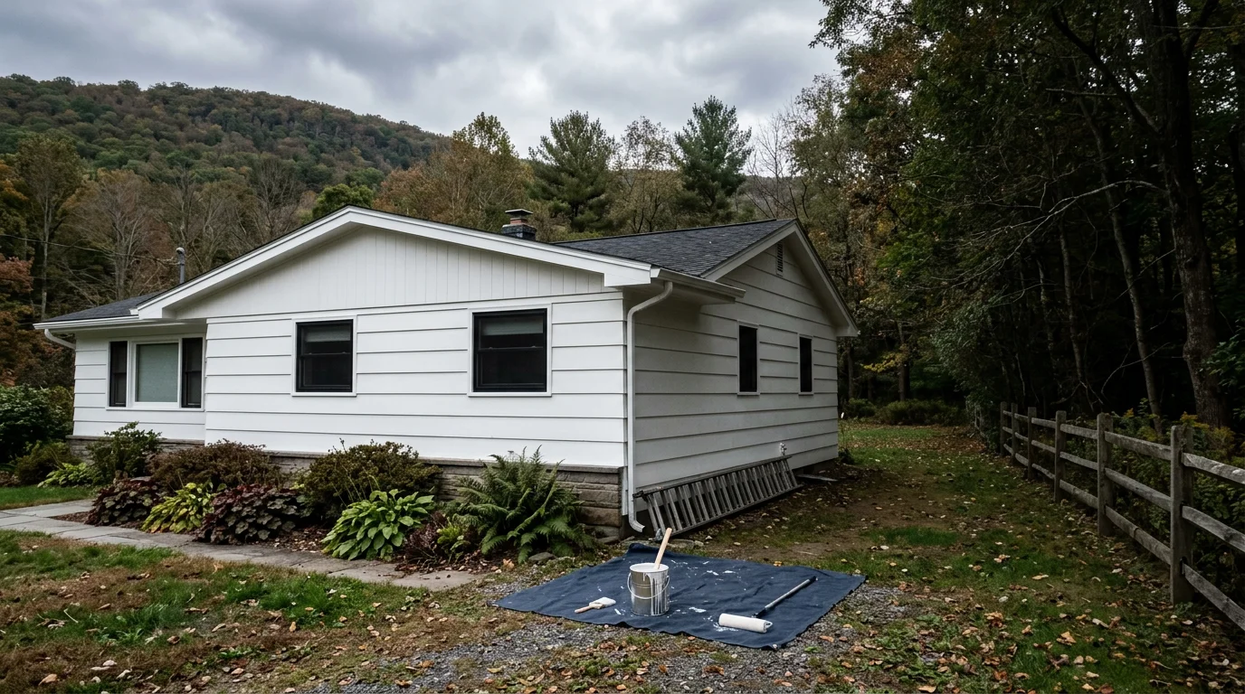 Freshly painted white exterior of a mid-century ranch home in Kerhonkson, NY, with clean trim and a wooded Catskill backdrop.