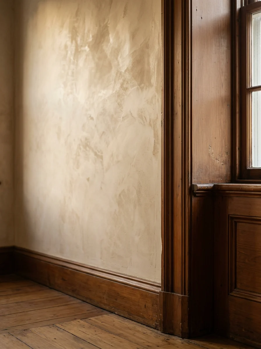 Venetian plaster finish on the interior wall of a historic Kingston home, showing warm texture and depth near original millwork.
