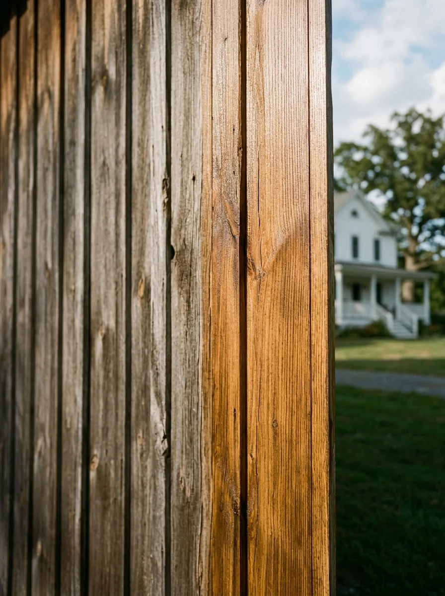 Wood-stained barn exterior on a Red Hook, NY rural property, showing fresh penetrating stain on weathered board-and-batten siding with a farmhouse in the background.