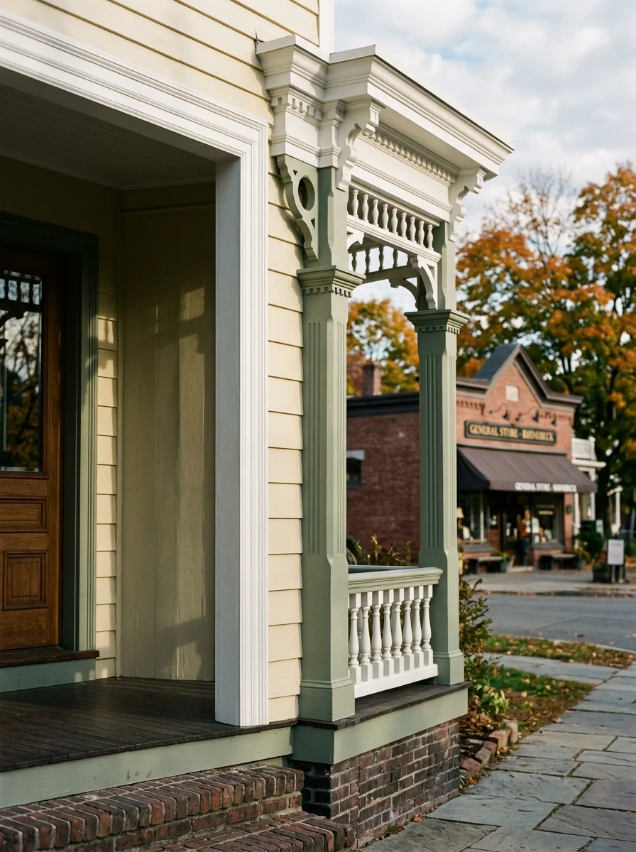 Detail of freshly painted Victorian porch trim and columns on a Rhinebeck village home, showing clean cut lines and period-appropriate color.