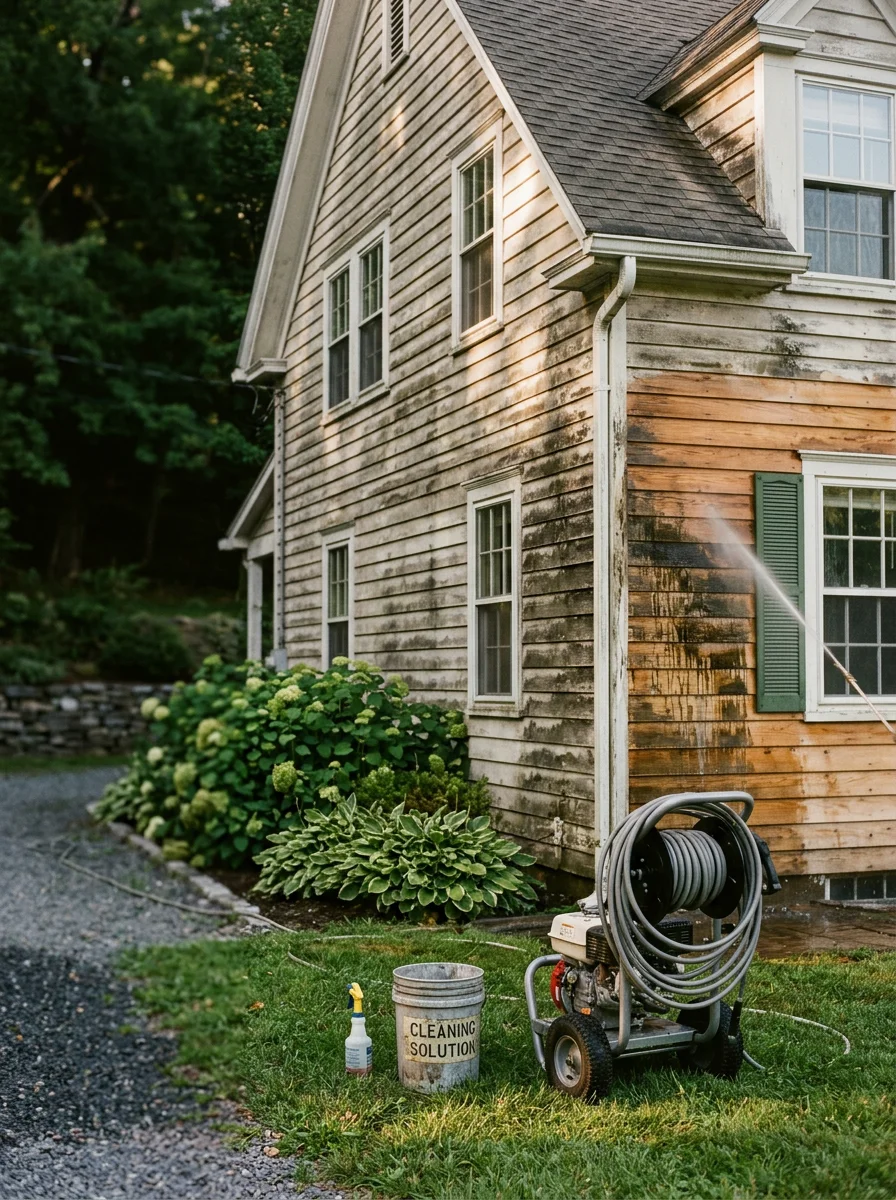 Power washing a pre-war wood-sided home in Saugerties before exterior painting, with mildew and old paint residue being cleared from the siding.