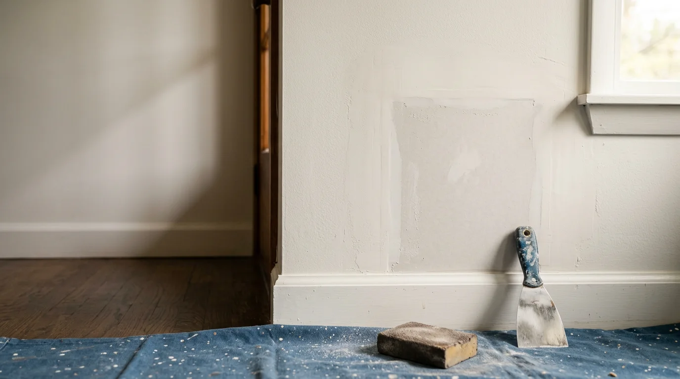 A smooth, freshly repaired drywall wall section in a Kerhonkson home interior, showing a seamless patch blended into the surrounding surface and ready for paint.