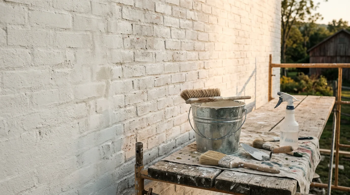 A hand-applied lime wash finish on the interior brick wall of a Hudson Valley home, showing soft matte tonal variation and natural texture. The finish highlights the masonry character of an older Kerhonkson-area property.