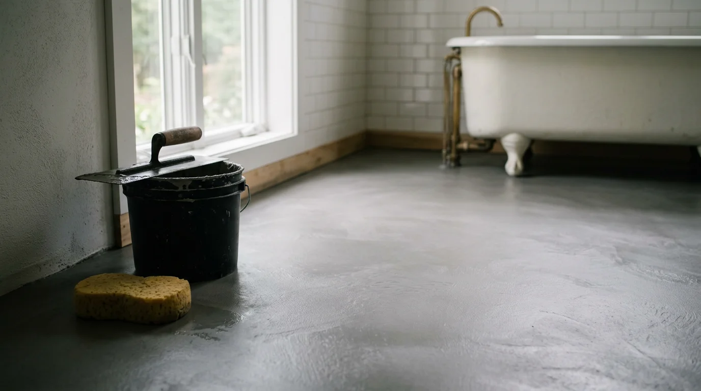 Smooth, seamless microcement floor and wall finish inside a modern Hudson Valley home near Kerhonkson, New York. The continuous gray surface runs from the floor up the bathroom wall with no grout lines or visible seams.