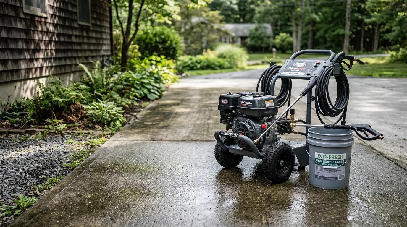 A Kerhonkson-area home exterior after professional power washing, showing clean vinyl siding and a scrubbed concrete driveway with no visible algae or dark staining. Ulster County wooded surroundings visible in the background.