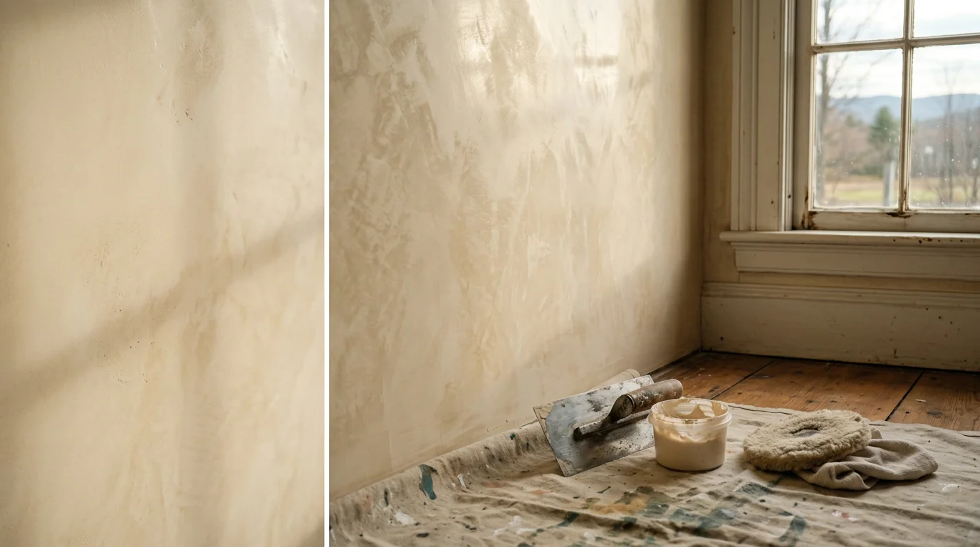 A smoothly burnished Venetian plaster accent wall in a Hudson Valley home interior, showing layered depth and a soft polished sheen. The finish transitions naturally across the surface, reflecting warm interior light in a living room setting.