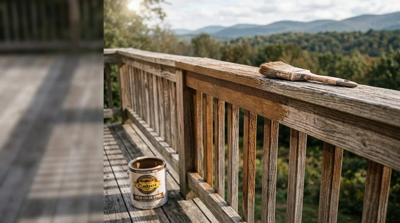 A freshly stained wood deck on a residential home in Kerhonkson, New York, with even color tone across the decking boards and clean edges along the railings. The surrounding Hudson Valley landscape is visible in the background.